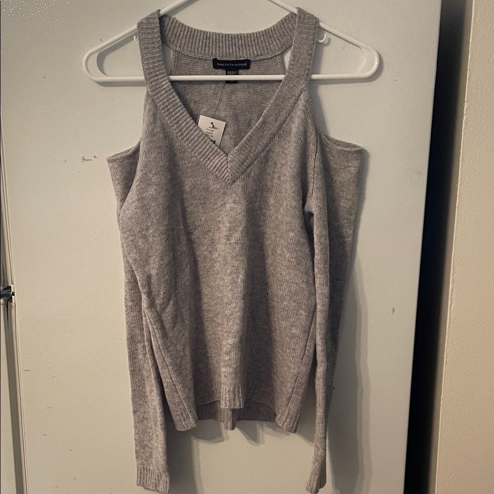 Saks Fifth Avenue XS NWT Light Gray Off-the-Shoulder Sweater Wool Cashmere‎ New